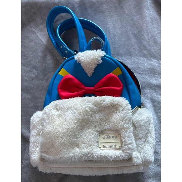 Disney Loungefly Donald Duck Cosplay Faux Fur Mini Backpack Blue White imperfect main image 11